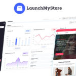 A dashboard interface with charts and analytics appears next to a mobile view of an Ecommerce store; the LaunchMyStore logo is displayed above, showcasing your trusted Ecommerce Partner.