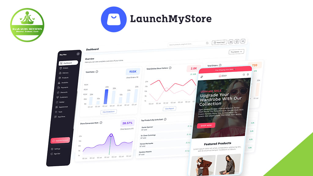 A dashboard interface with charts and analytics appears next to a mobile view of an Ecommerce store; the LaunchMyStore logo is displayed above, showcasing your trusted Ecommerce Partner.