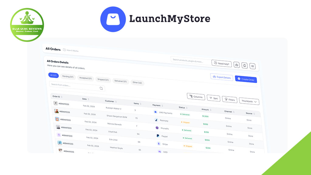 Screenshot of the LaunchMyStore platform displaying its Ecommerce order management interface, including a list of orders, filters, and various control options. The SaaS Guru Reviews logo highlights it as a top Ecommerce Partner recommendation.