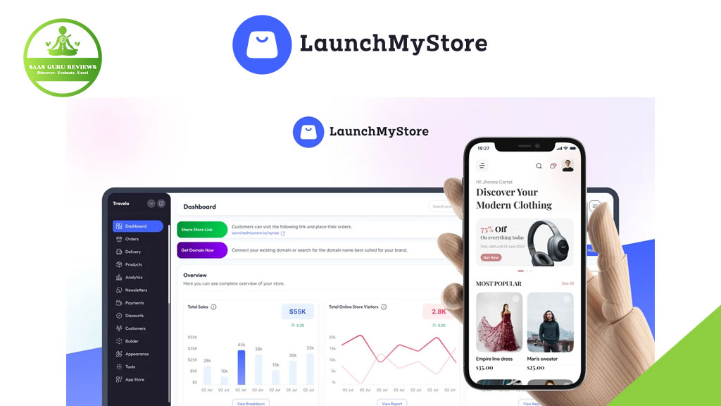 A hand holds a smartphone displaying an Ecommerce app; a computer screen shows a dashboard with charts and stats. The LaunchMyStore logo is at the top, highlighting it as your ultimate Ecommerce Partner.
