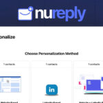 A screenshot of the NuReply platform interface displays AI-powered personalization method options, featuring icons for website-based and LinkedIn-based cold email outreach. A SaaS guru reviews logo sits in the corner.