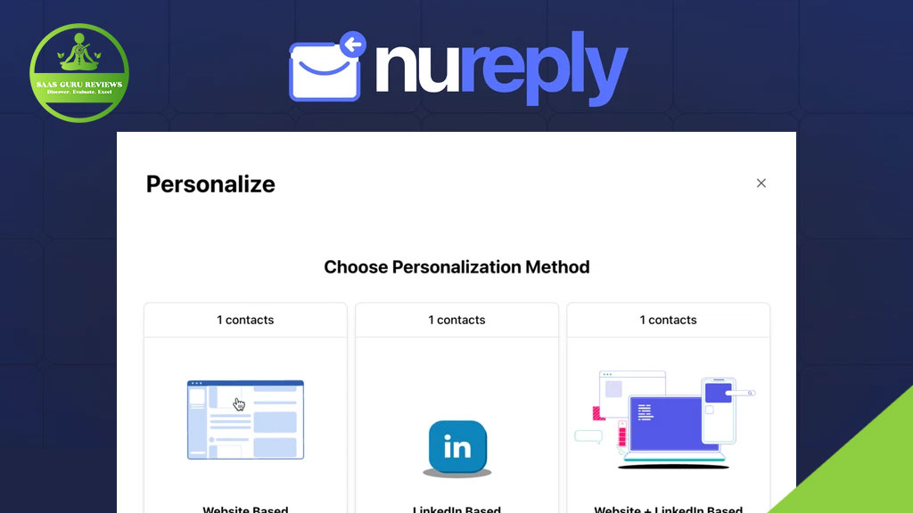 A screenshot of the NuReply platform interface displays AI-powered personalization method options, featuring icons for website-based and LinkedIn-based cold email outreach. A SaaS guru reviews logo sits in the corner.