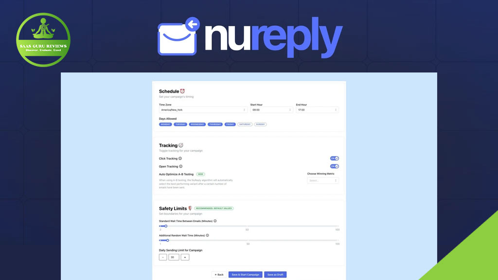 Screenshot of the NuReply dashboard showing scheduling, tracking, and safety limit settings for cold email outreach, with the Nureply logo and a "SaaS Guru Reviews" badge in the corner.