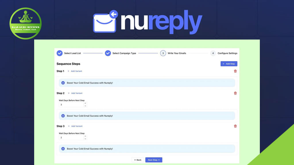 Screenshot of the Nureply dashboard showing email campaign setup steps for cold email outreach, with options to add variants and configure sequence settings. SaaS Guru Reviews logo is in the top left corner.
