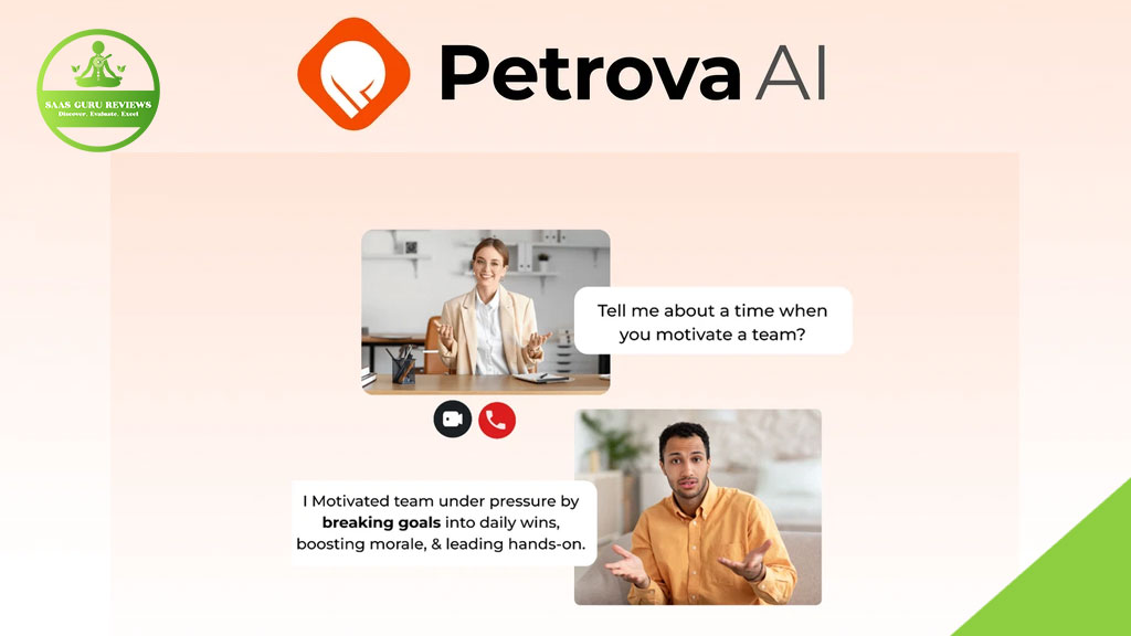 A Petrova AI logo above two people in a video call; one asks about motivating a team, the other explains how hiring strategies and daily wins help motivate under pressure.