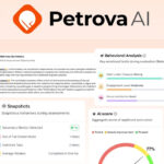 Petrova AI interface displays an interview summary, video analysis, behavioral insights, suspicious behavior snapshots, and an AI hiring score, with the SaaS Guru Reviews logo in the corner.