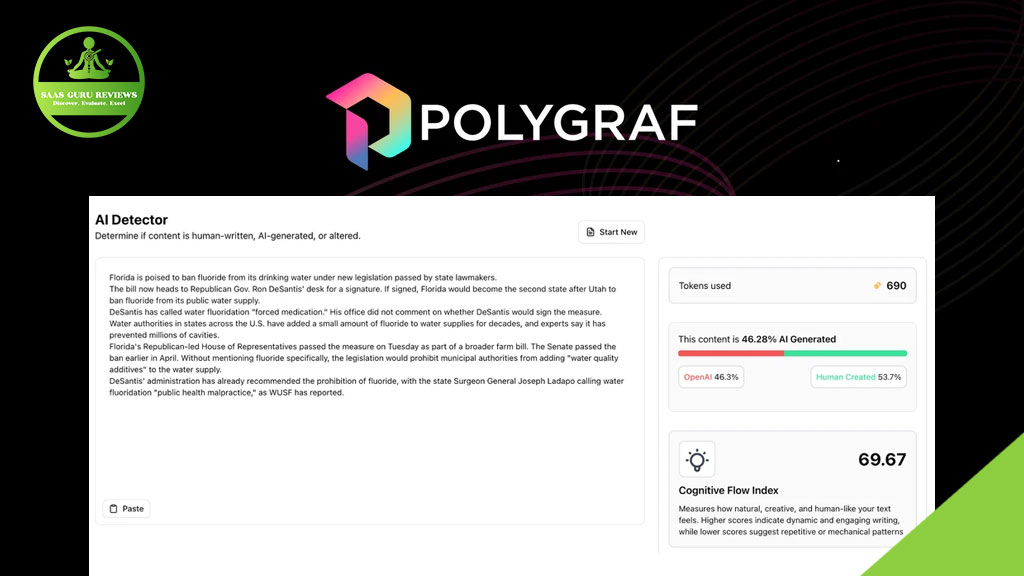 Screenshot of the Polygraf AI content detector tool interface, displaying analysis results with a breakdown of AI-generated vs. human content and a cognitive flow index score for enhanced digital integrity.