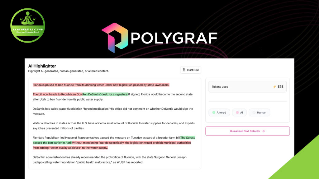 Screenshot of the Polygraf AI Highlighter interface displaying highlighted text from a news article, usage statistics, and the Polygraf logo at the top, illustrating its role as an AI content detector for digital integrity.