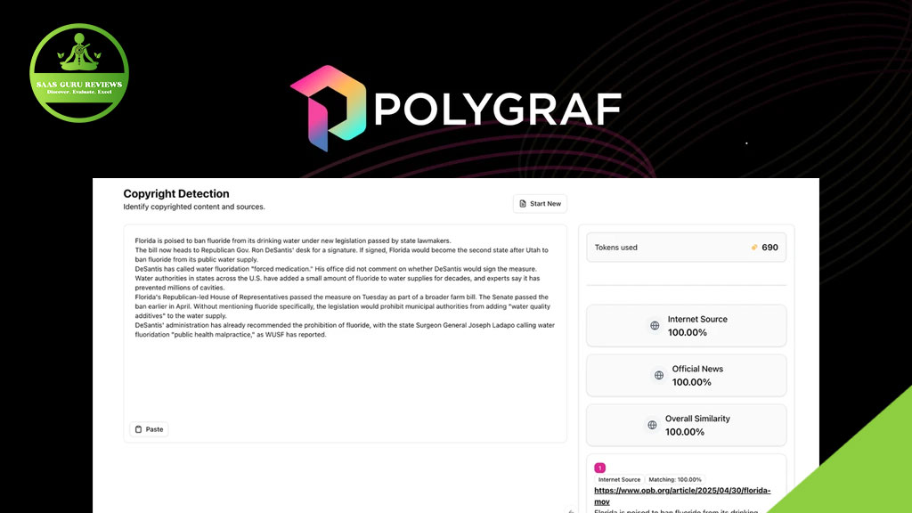 Screenshot of the Polygraf AI Copyright Detection tool interface showing a text analysis with 100% similarity to an internet source, highlighting digital integrity, and a green SaaS Guru Reviews logo in the top left corner.