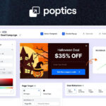 A dashboard for creating a Halloween deal popup campaign with a $35 off offer, user input fields, and a revenue graph, branded with the "poptics" logo—your ultimate Popup Builder for lead generation and conversion success.