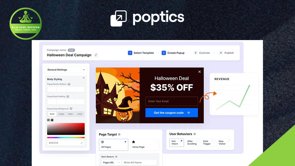 A dashboard for creating a Halloween deal popup campaign with a $35 off offer, user input fields, and a revenue graph, branded with the "poptics" logo—your ultimate Popup Builder for lead generation and conversion success.