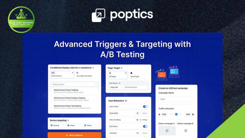 A Poptics dashboard displays advanced triggers, targeting options, and a powerful popup builder with A/B testing features for e-commerce campaigns on a blue background, designed to boost lead generation.