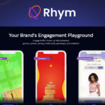 Screenshot of the Rhym website featuring interactive apps on mobile screens, with text highlighting gamified marketing tools like games, quizzes, and giveaways that drive brand engagement and boost ecommerce conversions. Saas Guru Reviews badge in the top left corner.