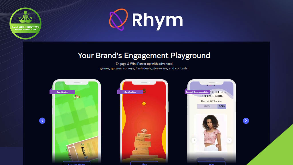 Screenshot of the Rhym website featuring interactive apps on mobile screens, with text highlighting gamified marketing tools like games, quizzes, and giveaways that drive brand engagement and boost ecommerce conversions. Saas Guru Reviews badge in the top left corner.