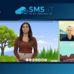A woman stands in front of a virtual nature background during a video call, next to two smaller video windows showing a man and an illustrated landscape. SMS-iT Connect branding appears above, highlighting the AI-Powered Smart Dialer for business revolution.