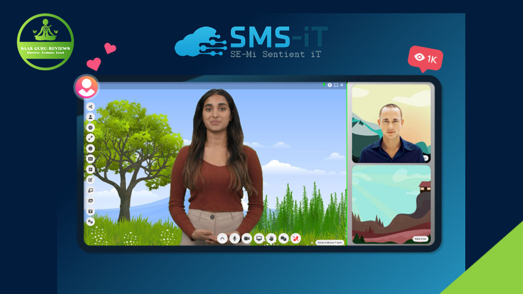 A woman stands in front of a virtual nature background during a video call, next to two smaller video windows showing a man and an illustrated landscape. SMS-iT Connect branding appears above, highlighting the AI-Powered Smart Dialer for business revolution.