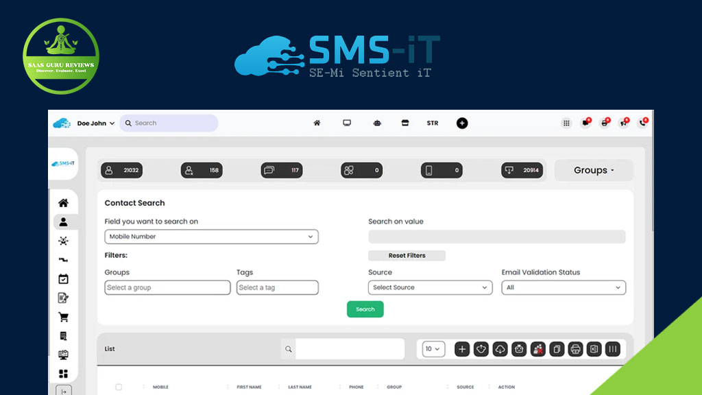 Screenshot of the SMS-iT software interface displaying a contact search panel with filters and fields for business communication criteria, set against a dark blue background featuring the SMS-iT logo and SaaS Guru Reviews badge.