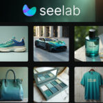 A collage showcases various branded items—sneakers, a car, a perfume bottle, a handbag, eyeshadow palette, and a t-shirt—all labeled "seelab" in teal hues, crafted with advanced technology for striking visual creation.