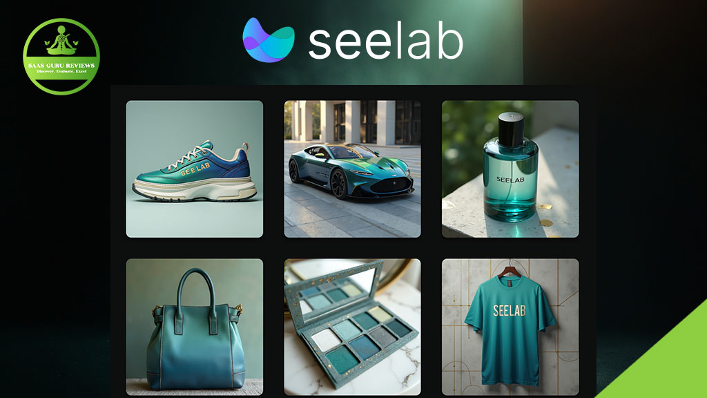 A collage showcases various branded items—sneakers, a car, a perfume bottle, a handbag, eyeshadow palette, and a t-shirt—all labeled "seelab" in teal hues, crafted with advanced technology for striking visual creation.