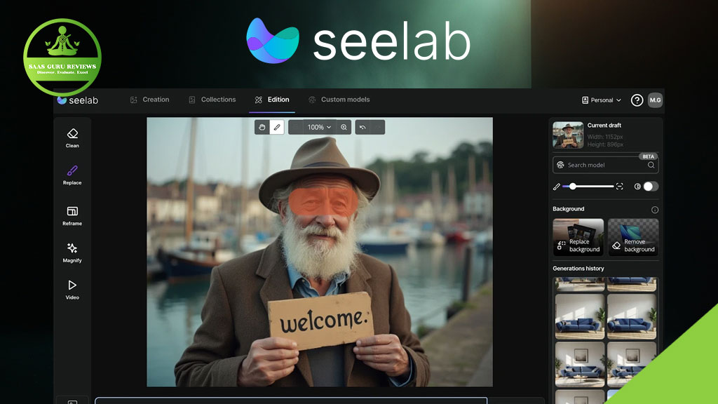 A photo editing software interface displays an elderly man holding a "welcome" sign, with background change and editing tools powered by advanced AI technology visible on the side panel for seamless visual creation.