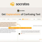 Screenshot of the Socrates AI web tool, featuring Deep Document Analysis to explain confusing text with options to summarize, expound, or add custom instructions. The SaaS Guru Reviews logo appears in the top left corner.