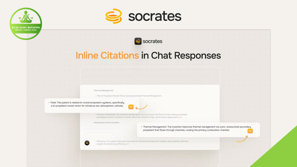 Screenshot of a web page featuring the Socrates AI logo and the title "Inline Citations in Chat Responses," with examples of chat responses and Deep Document Analysis citations displayed.