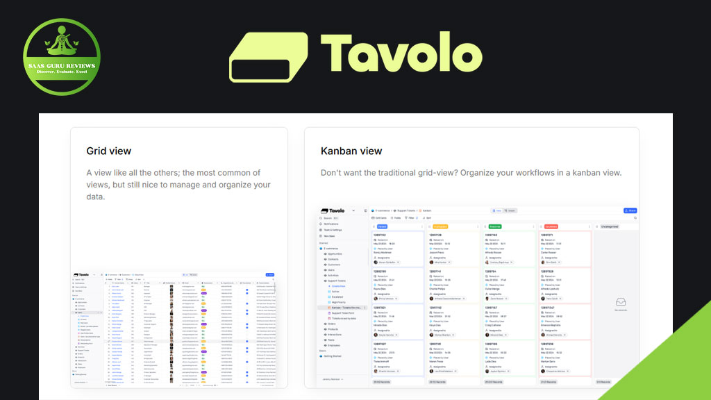 Screenshot of a Tavolo webpage showing two workflow views: a grid view with a spreadsheet layout inspired by Google Sheets and a Kanban view with column cards, alongside the Tavolo logo and branding.