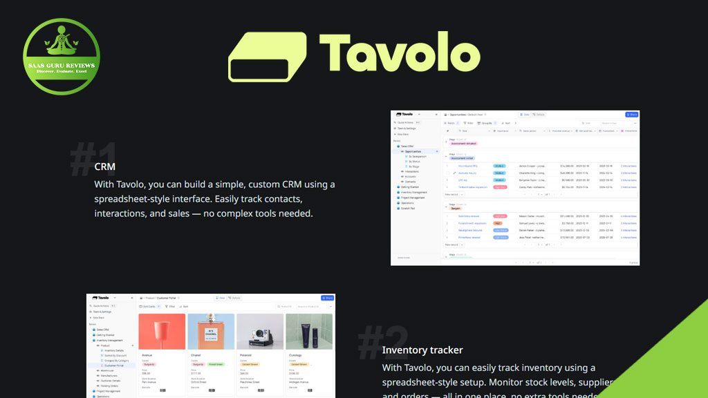 A promotional graphic for Tavolo showcases its logo, description, and screenshots highlighting CRM and inventory tracker features—all built using its visual app builder—on a dark background.