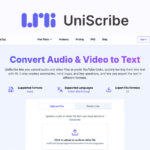 Screenshot of the UniScribe website homepage, featuring AI transcription options to convert audio and video to text, upload files, and view supported formats and languages.