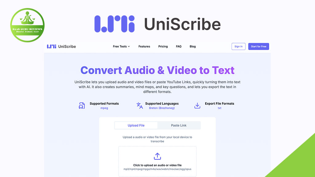 Screenshot of the UniScribe website homepage, featuring AI transcription options to convert audio and video to text, upload files, and view supported formats and languages.