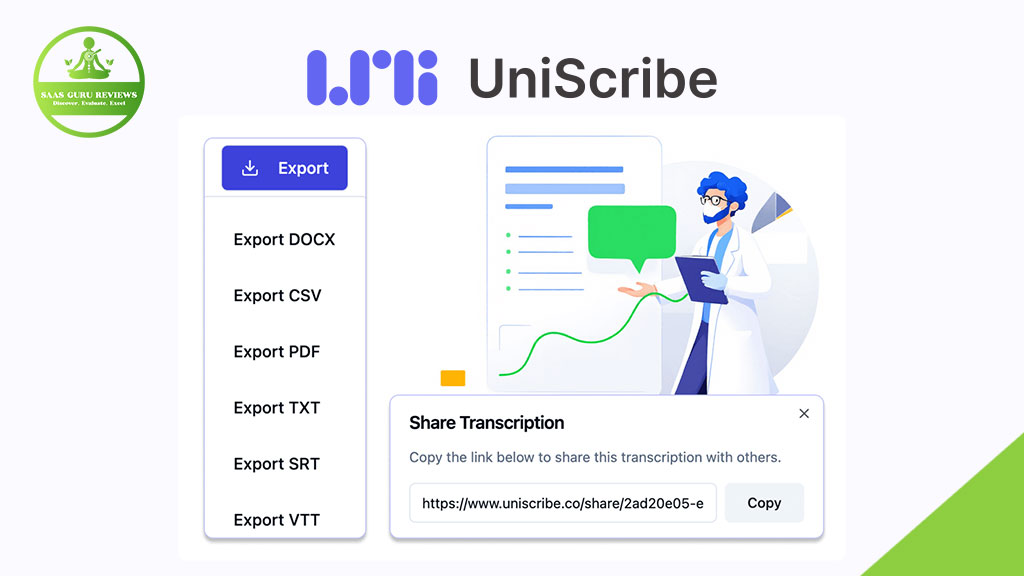 Screenshot of UniScribe interface displaying AI transcription export options (DOCX, PDF, CSV, TXT, SRT, VTT) and a share transcription popup with a copyable link from this advanced transcription tool.