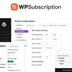Screenshot showing the WPSubscription plugin interface for WordPress, featuring robust subscription management tools, subscription plan options, and management settings alongside pricing tiers. Integrates seamlessly with WooCommerce.