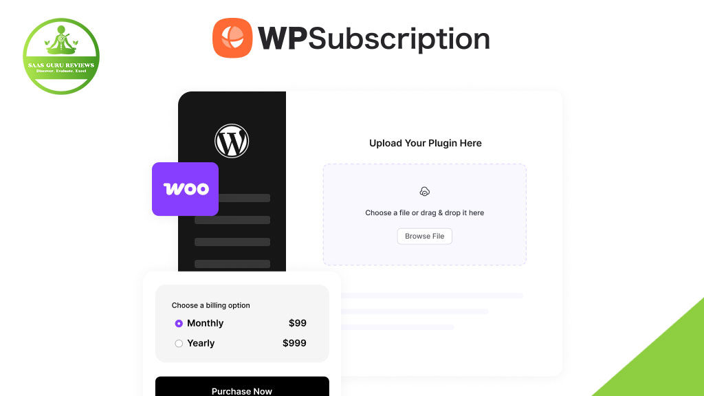 Screenshot of the WPSubscription interface displaying plugin upload, subscription management features, and billing options for monthly or yearly plans, with WordPress and WooCommerce logos prominently featured.