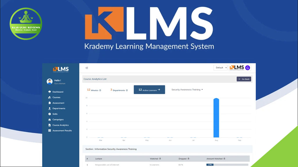 Screenshot of the Krademy Learning Management System dashboard, an eLearning solution, showing course analytics, menu options on the left, and a bar graph under the course "Information Security Awareness Training.