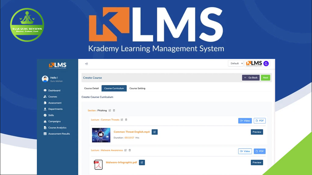 Screenshot of the Krademy Learning Management System (KLMS) dashboard highlighting eLearning features, including course creation options and a list of course materials.