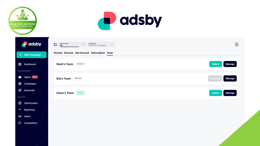 Screenshot of the Adsby dashboard showing three teams—Noah's Team, Ella's Team, and Owen's Team—with options to select or manage each team using Google Ads automation.