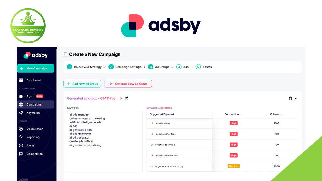 Screenshot of the Adsby platform's "Create a New Campaign" page, showcasing AI advertising features like keyword suggestions and competition levels, with navigation menu visible on the left.