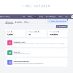 Screenshot of a GuidedTrack AI quiz dashboard displaying statistics: 6,890 sessions, 181 finished, a 22.5% finish rate, and an average completion time of 18 minutes 34 seconds—ideal for those looking to create tools or test prototypes.