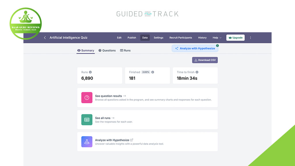 Screenshot of a GuidedTrack AI quiz dashboard displaying statistics: 6,890 sessions, 181 finished, a 22.5% finish rate, and an average completion time of 18 minutes 34 seconds—ideal for those looking to create tools or test prototypes.