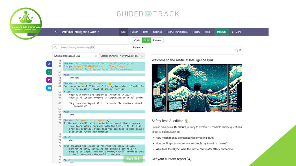 Screenshot of a quiz creation page titled "Artificial Intelligence Quiz" built with GuidedTrack, showing code, preview, and a digital illustration of a person facing multiple AI-themed screens—no programmer needed to create tools like this.