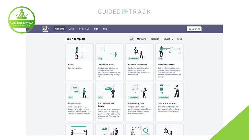 Screenshot of the GuidedTrack platform showing a dashboard with various templates for programs—forms, surveys, and educational tools—making it easy to create tools with no programmer required. Logo in the top left corner.