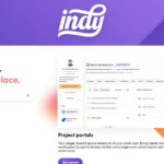A screenshot of the Indy website homepage displays navigation menus on the left and a preview of the project portal dashboard in the center.