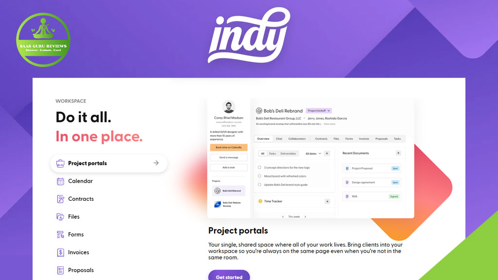 A screenshot of the Indy website homepage displays navigation menus on the left and a preview of the project portal dashboard in the center.