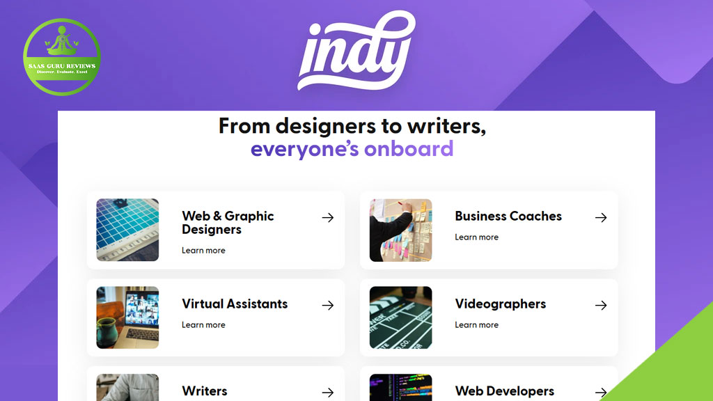 A website landing page for Indy displays categories like Web & Graphic Designers, Business Coaches, Virtual Assistants, Writers, Videographers, and Web Developers.