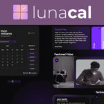 Screenshot of the LunaCal website showing a profile, calendar, featured video, testimonials, and navigation menu with a green "SAAS Guru Reviews" badge in the top left corner.