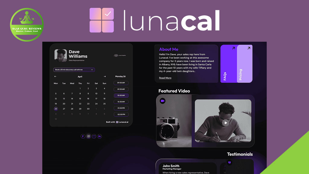 Screenshot of the LunaCal website showing a profile, calendar, featured video, testimonials, and navigation menu with a green "SAAS Guru Reviews" badge in the top left corner.