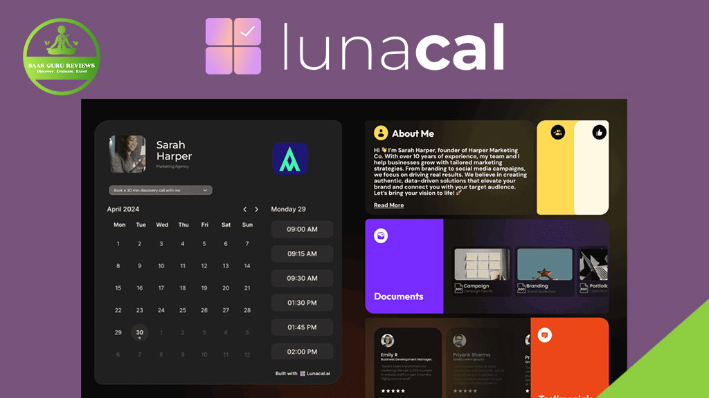 Screenshot of the Lunacal app interface showing a dark calendar, user profile, appointment times, and an "About Me" section, with the Lunacal logo and branding at the top.