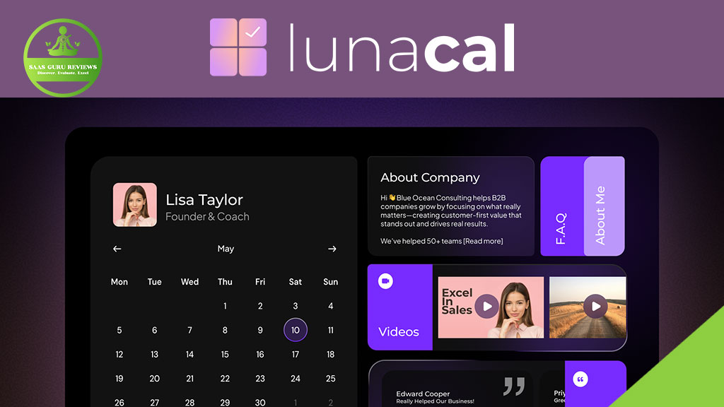 A digital calendar interface labeled “lunaCal” displays a profile for Lisa Taylor, Founder & Coach, with company info, FAQ, and other features shown on the right.