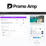 Screenshot of Promo Amp’s web interface showing a contest entry form on the left and a contest preview with a beach image on the right. The SaaS Guru Reviews logo is in the top left, highlighting how to grow your business with viral giveaways.