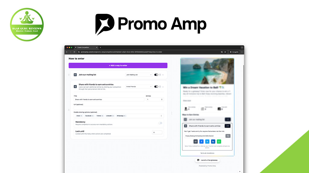 Screenshot of Promo Amp’s web interface showing a contest entry form on the left and a contest preview with a beach image on the right. The SaaS Guru Reviews logo is in the top left, highlighting how to grow your business with viral giveaways.